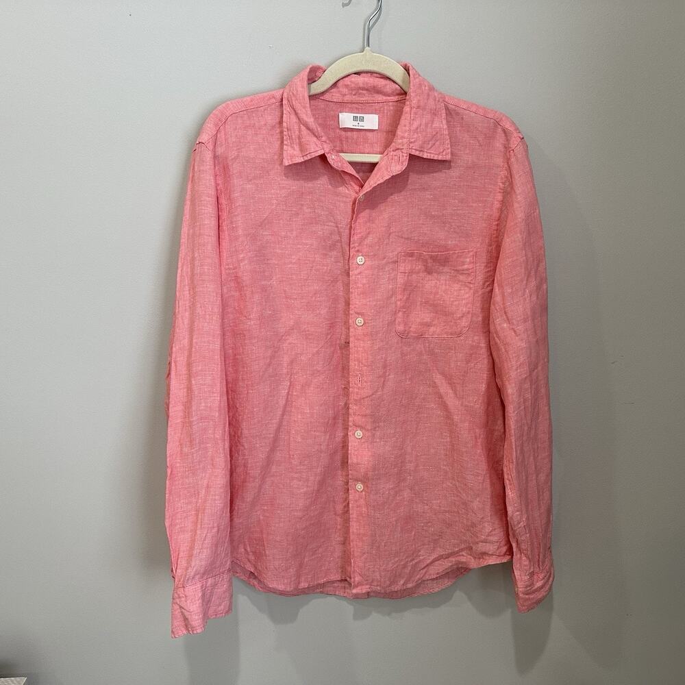 Uniqlo Linen Shirt Men Medium Collar‎ Long Sleeve Button Preppy Pink Vacation
